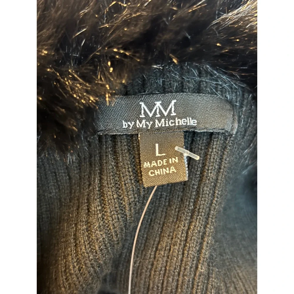 My Michelle Black Ribbed Quarter Zip Sweater Faux Fur Collar Womens Large NWT